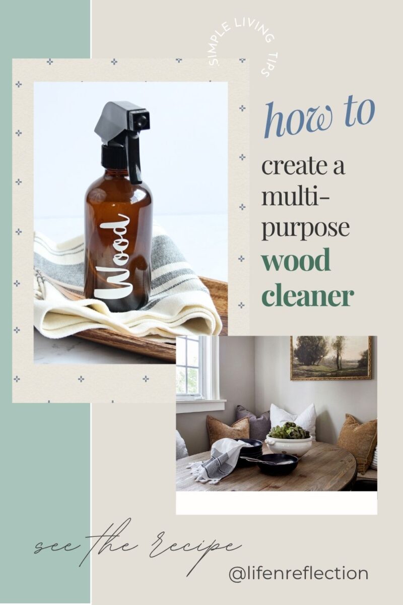 Tall amber glass bottle labeled wood on a cloth and large wood table with text that reads how to create a multi-purpose wood cleaner
