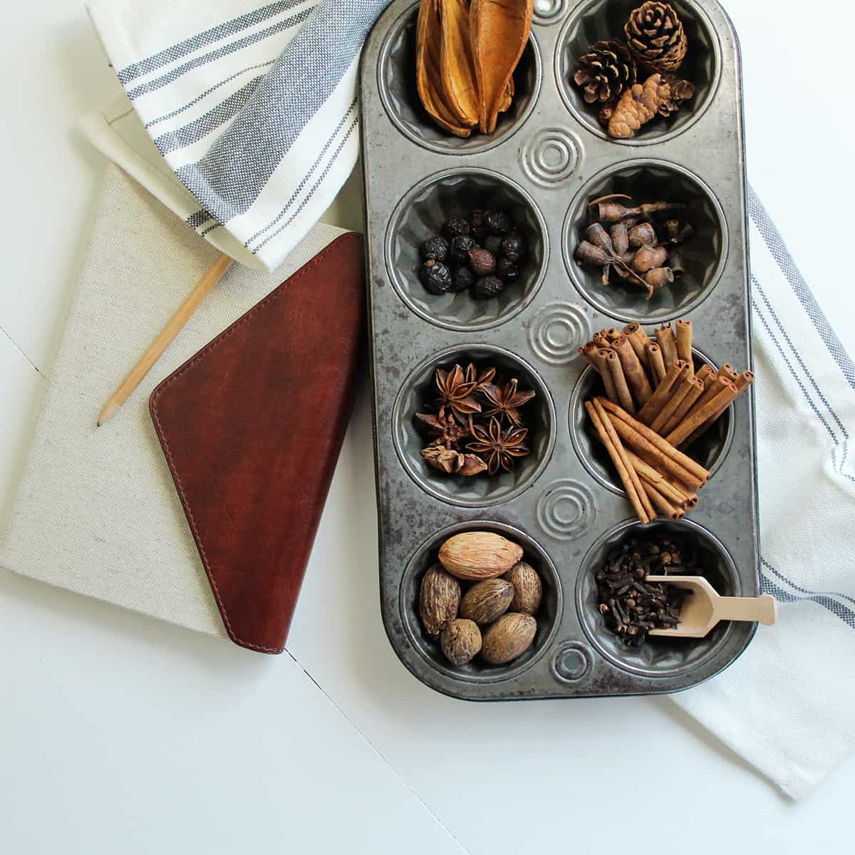 vintage muffin pan filled with seaonsal whole spices on a white background