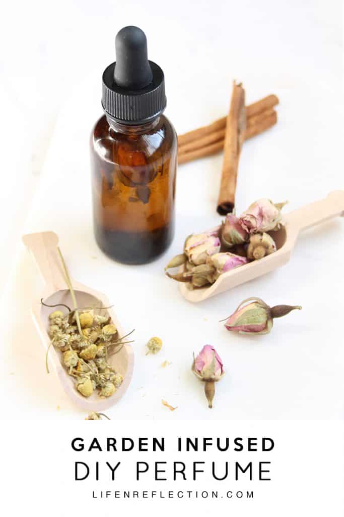 Ingredients to make your own perfume with flowers and essential oils. 