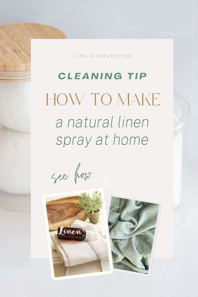 bottle of DIY linen spray labeled linen on a stack of folded linens next to gathered teal blanket with text that reads cleaning tip how to make a natural linen spray at home