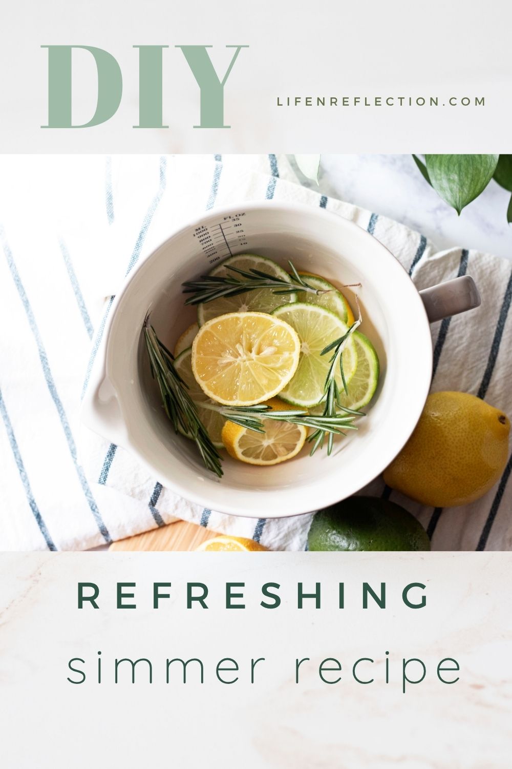 Closeup into a bowl of fresh simmer ingredients with text that reads DIY refreshing simmer recipe.