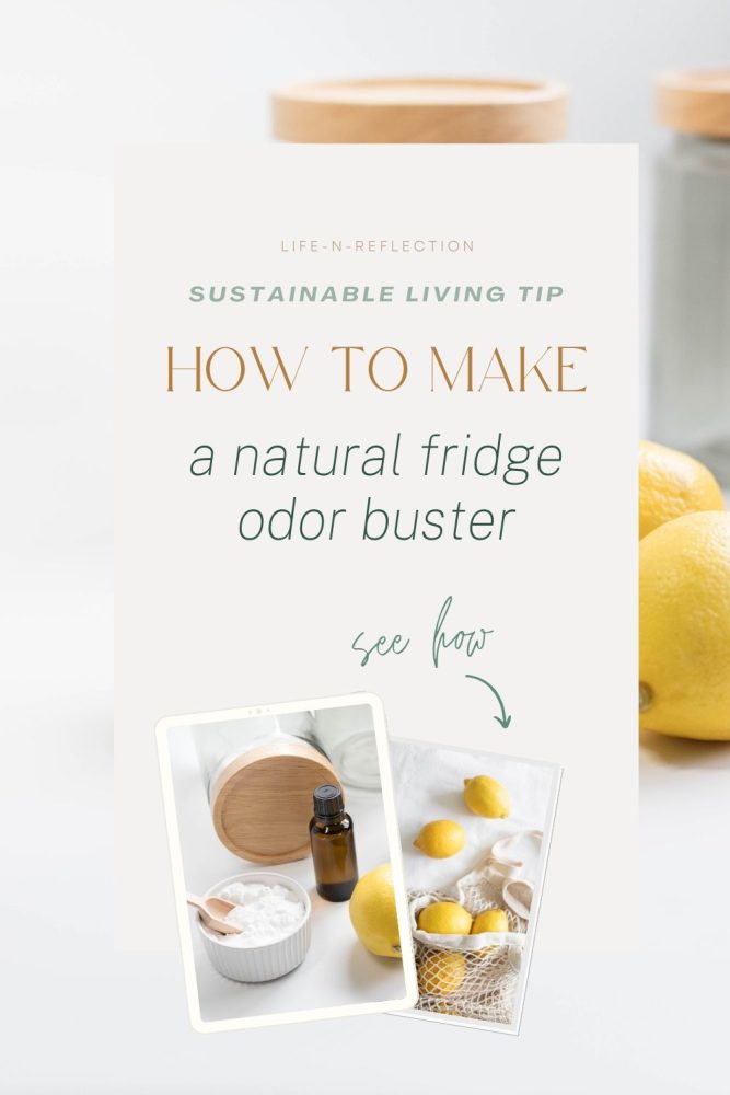 Small bowl of baking soda on a bright kitchen counter with a bag of fresh lemons with text that reads How to make a natural fridge odor buster.