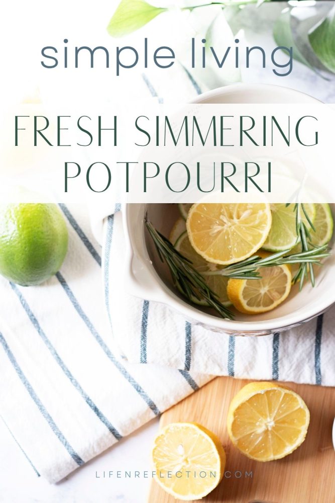 Looking down into a big bowl of fresh simmer ingredients on striped towel with text that reads Simple Living Fresh Simmering Potpourri