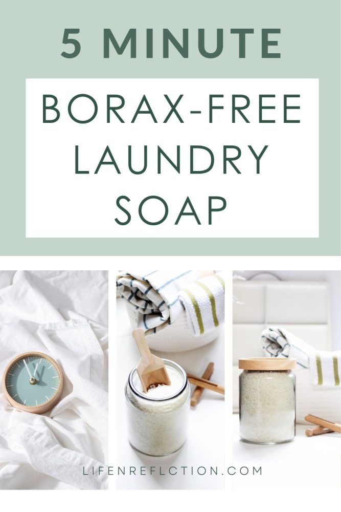 white sheets, a jar of homemade detergent, and scoop with text that reads 5 minute borax-free laundry soap
