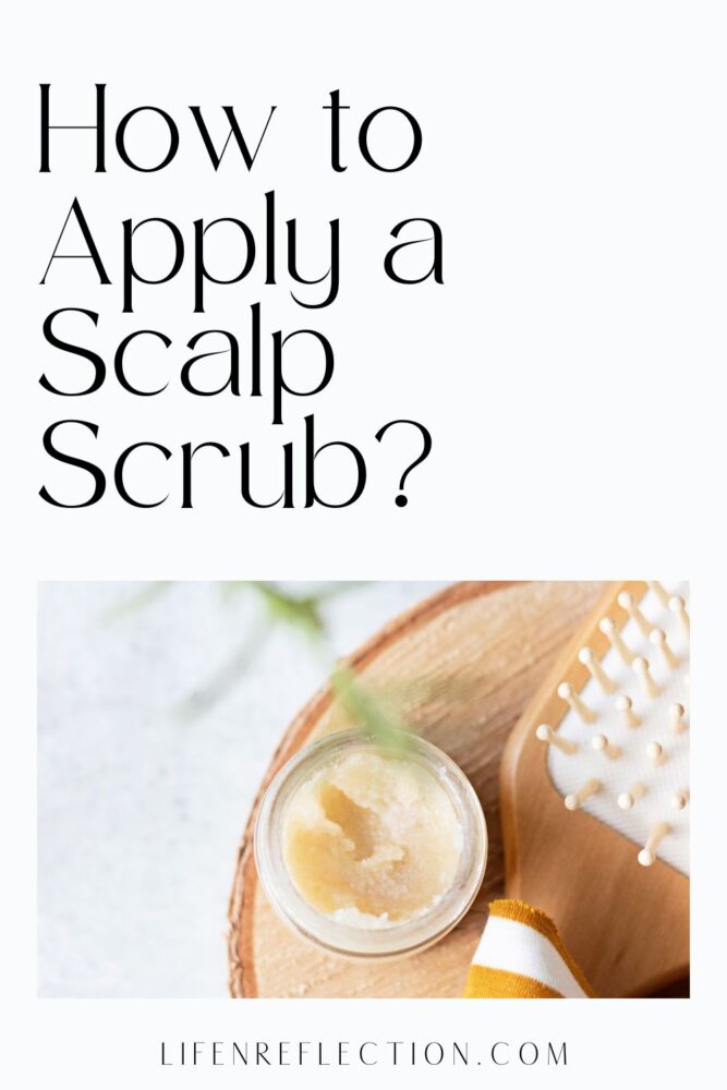 Looking down into an open container of scalp scrub next to a hair brush with text that reads how to apply a scalp scrub