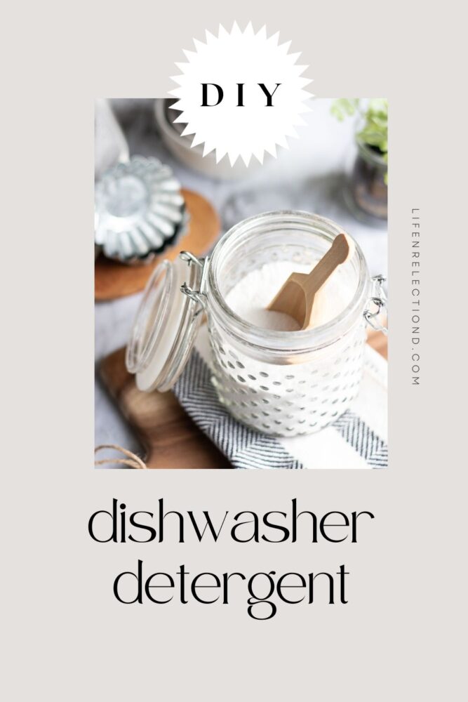 Big open jar of dishwasher powder with text reads DIY dishwasher detergent