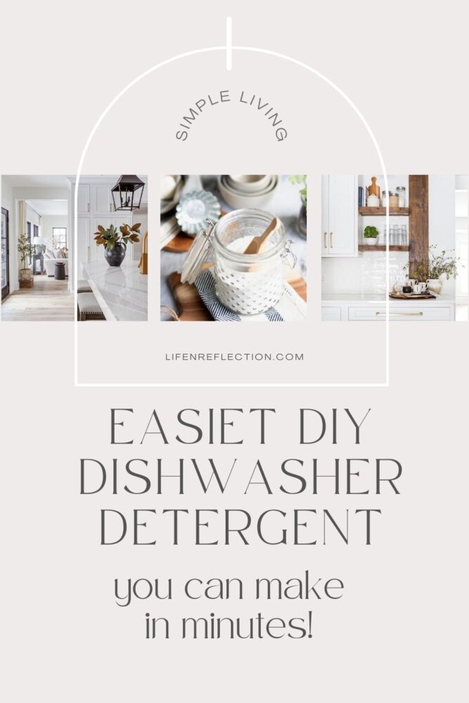 Photos of a clean kitchen white kitchen and a DIY dishwasher detergent in an open glass jar with a wooden scoop.