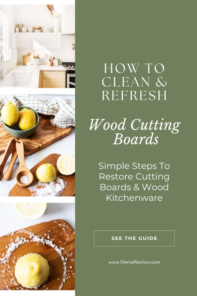 collage of wood cutting board care, rubbing lemon and salt on boards, sunlit kitchen counter, with text overlay: How to Clean And Restore Wood Cutting Boars