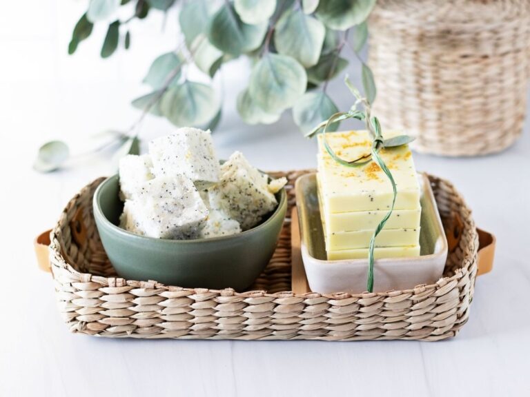 Curated handmade lemon-based DIY projects for the home and bath, showcasing soap making and scrub creation on a textured woven display.