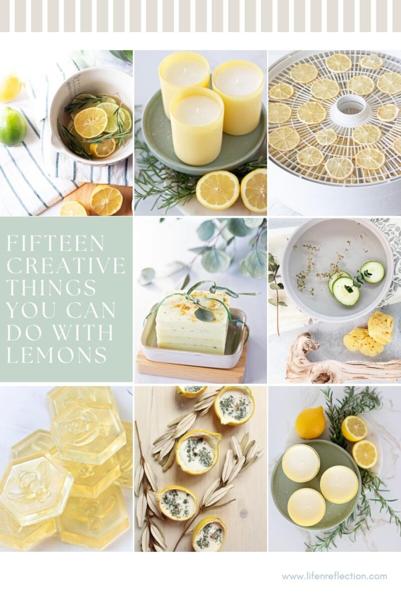 A photo grid collage featuring DIY lemon projects—including handmade honey soaps, yellow candles with rosemary, a dehydrator full of lemon slices, citronella lemon candle bowls, and bath recipes—with text reading Fifteen Creative Things You Can Do With Lemons.