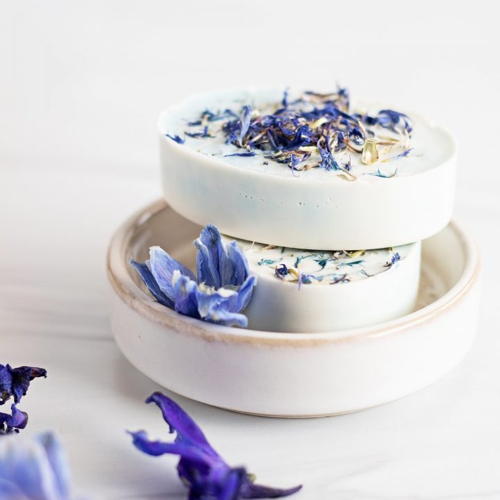 Get all the blue cornflower and oatmeal soap benefits for dry, itchy skin in one easy melt and pour soap recipe.
