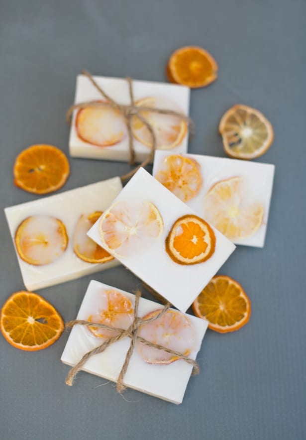 The creamy white color of a goat milk soap base shines through in this easy-to-make citrus soap recipe.