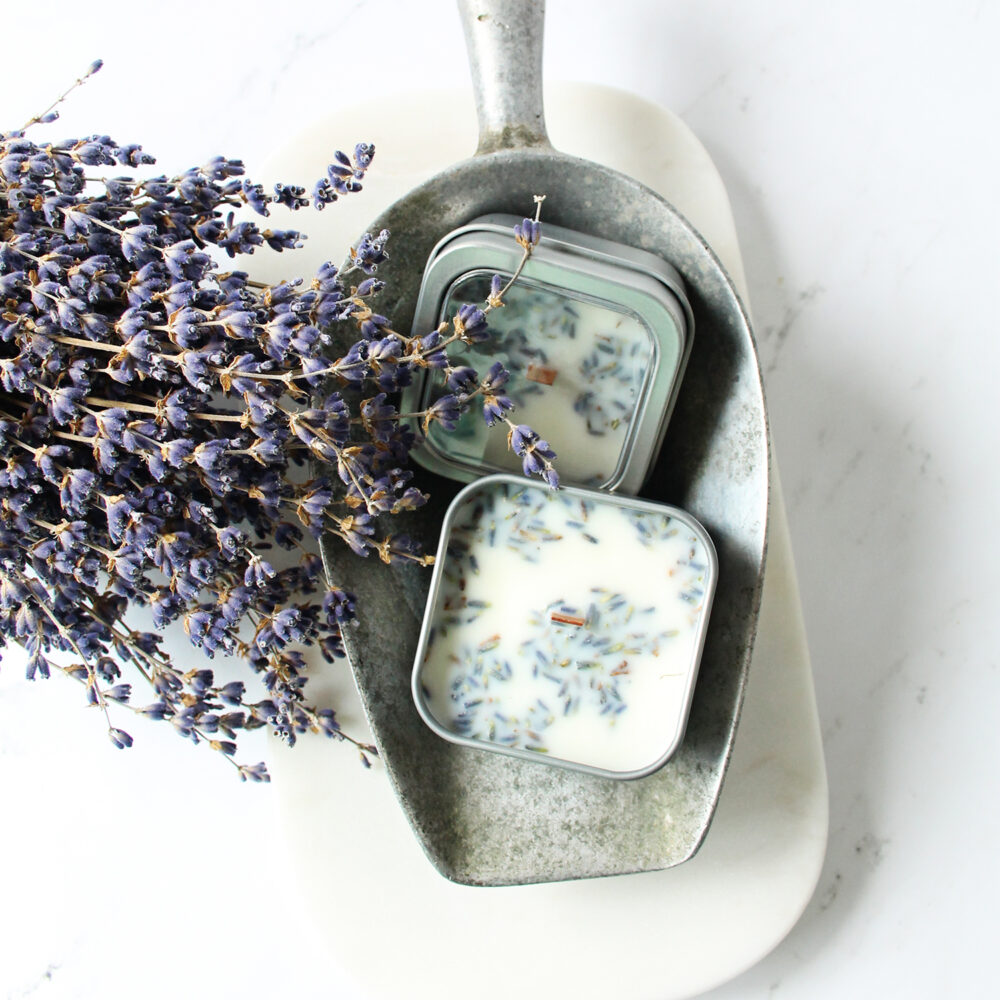 Because dried lavender doesn’t travel well, I found a way to take that feeling and scent with me in a hand-poured lavender travel candle!