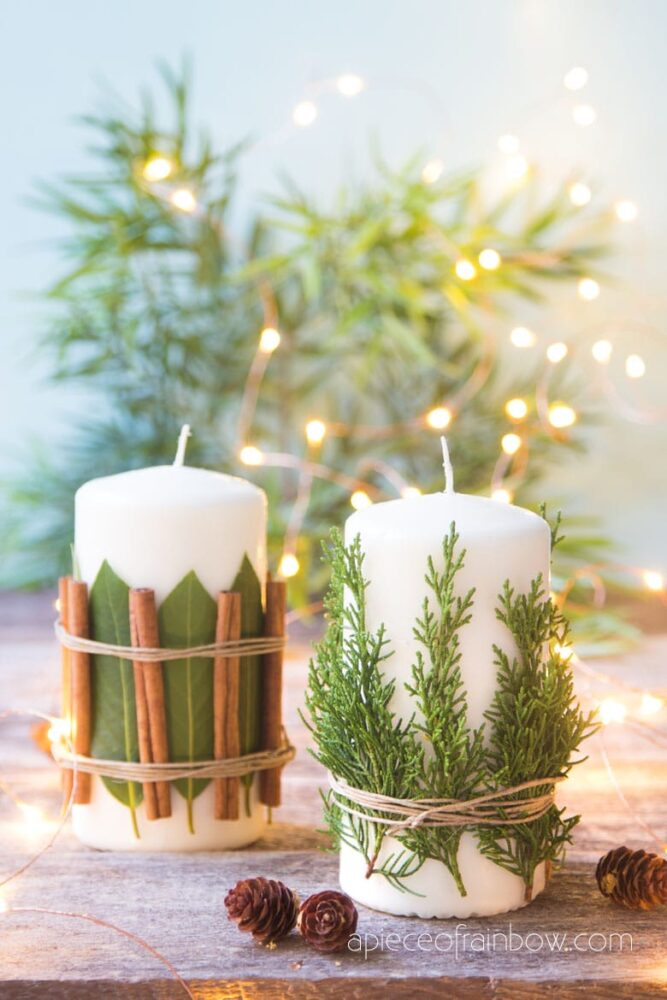 Make these beautiful Christmas candles with aromatic cedar, bay leaves, cinnamon sticks, and more.