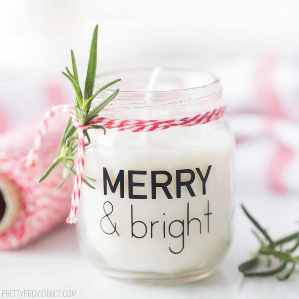 These Christmas scented candles made from soy wax and essential oils were easy to make and are perfect for Christmas neighbor gifts!