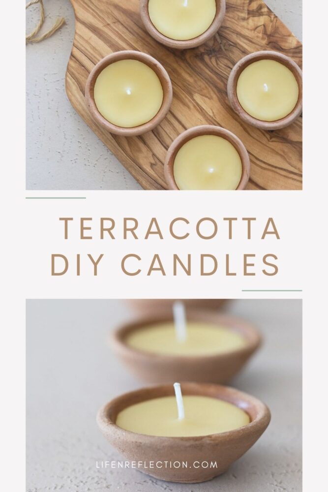 a row and spread of rustic terracotta candles filled with natural yellow beeswax