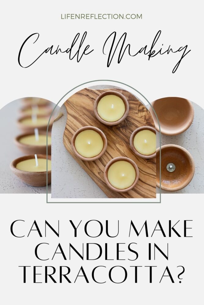 Small rustic terracotta pots hand-poured with golden yellow beeswax candles arranged in a row on a wooden board.