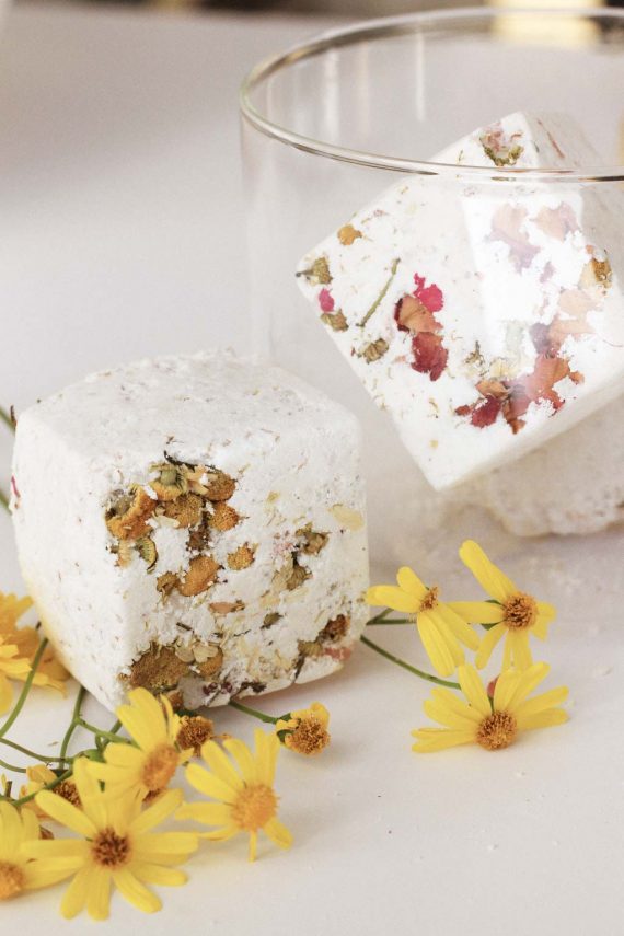 A great way to use chamomile benefits on your skin is to simply add them to a bath. And what better way to try this out for yourself than by making these rose and chamomile tea bath bombs!