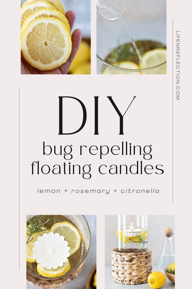 I think you’ll agree that these floating mosquito repellant candles made with fresh lemon slices, sprigs of rosemary, DIY citronella candles, and the perfect blend of insect repelling essential oils are both gorgeous and effective.