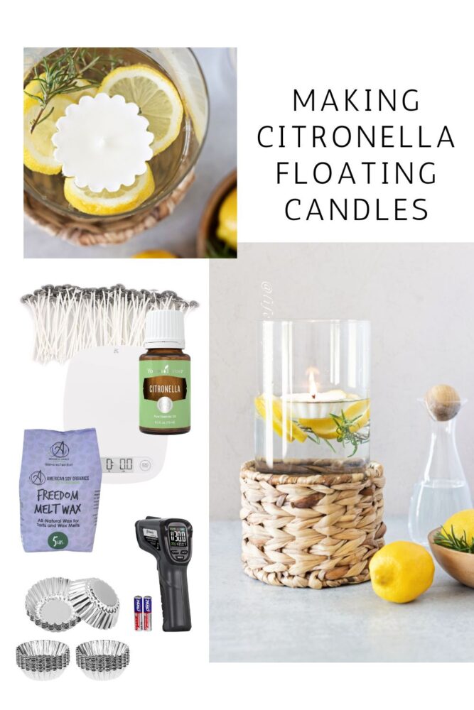 floating candle making supplies pictured wicks, wax, candle tins, thermometer, and citronella essential oil
