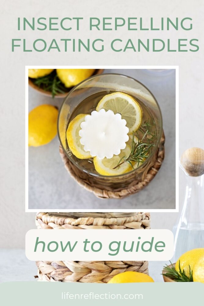 floating candle on top of yellow lemon slices and green rosemary stems in a vase of water. 
