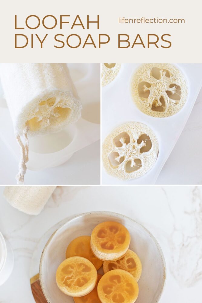 Loofah soap making steps. Supplies: Whole loofah sponge and soap mold. Sliced loofah placed inside soap mold. Finished soap bars in a bowl.