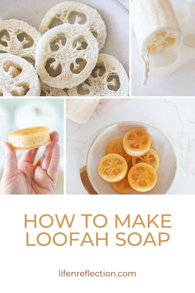 four step by step images of creating loofah soap