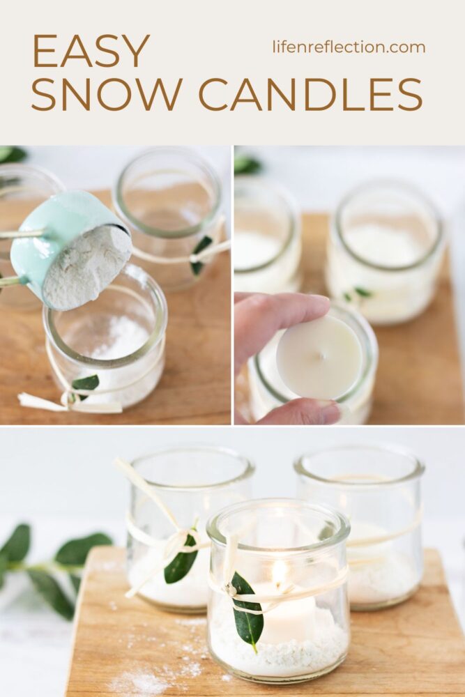 This snowy tea light candle holder is equally budget-friendly and eco-friendly made with natural soy wax tea lights inside repurposed oui yogurt jars.