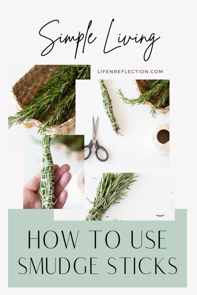 collage of crafting smudge sticks, harvesting rosemary, trimming stems,