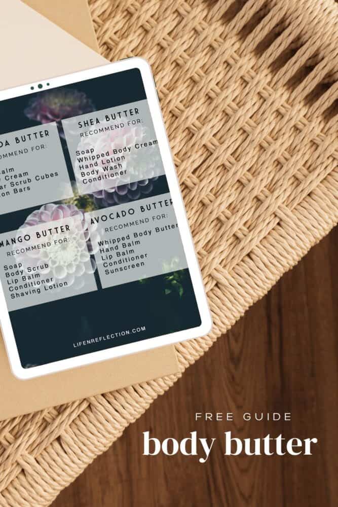 body butter printable chart displayed in an ipad on tan bench