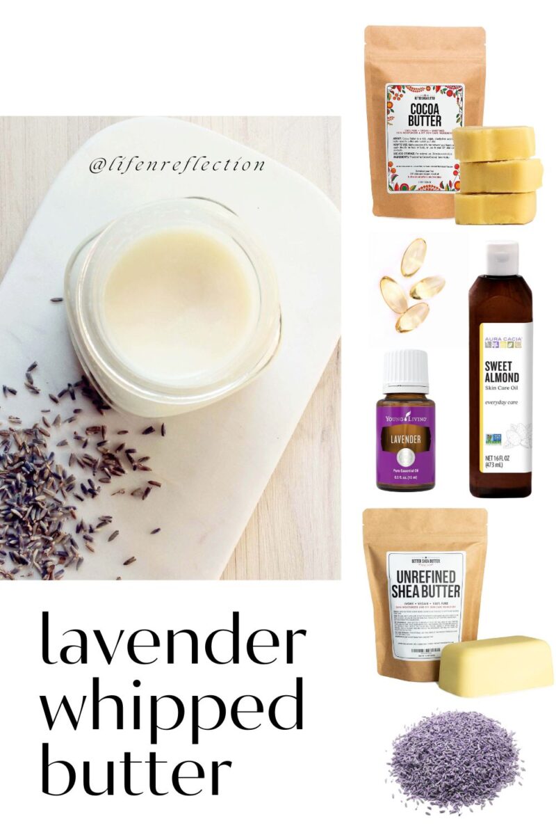 lavender whipped body butter ingredients next to an open jar