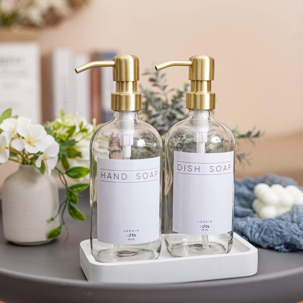 Glass Soap Dispenser with Stainless Steel Pump and Wood Tray