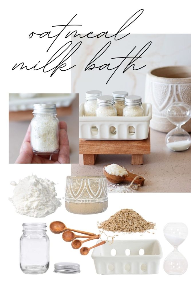 oatmeal milk bath supplies with text that reads oatmeal milk bath