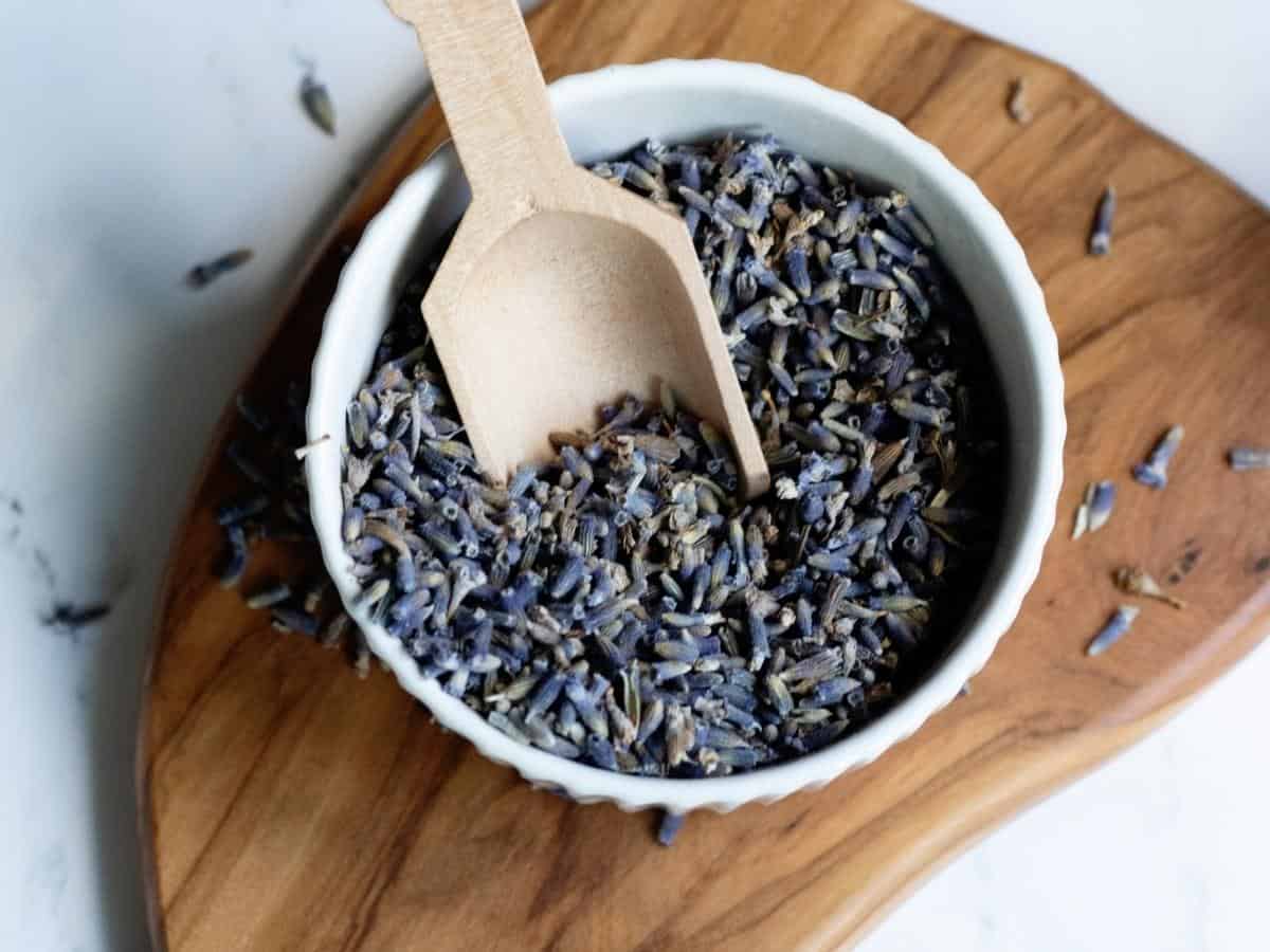 looking over a large white bowl of purple dried lavender buds on an olive wood board
