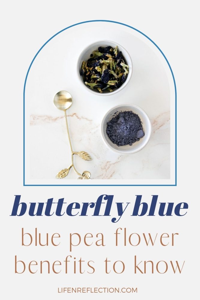 bath tablet ingredients - small bowl of butterfly blue pea flowers and another bowl of blue pea flower powder next to a gold floral spoon