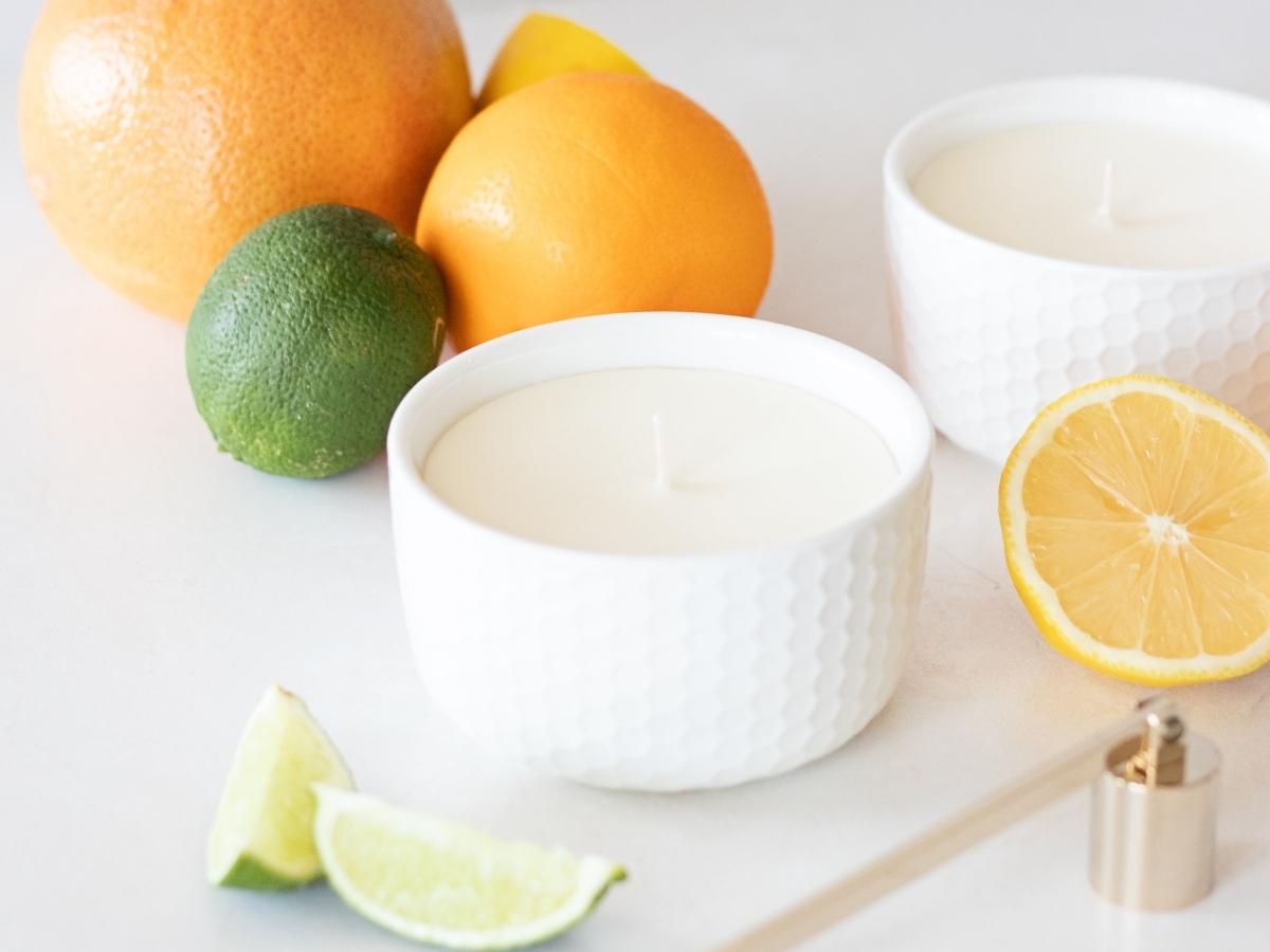 citrus candles in white ramekins among colorful fresh citrus fruits