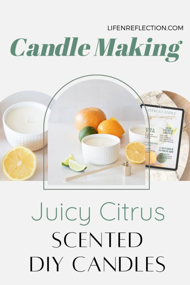 An assortment of citrus scented candle recipes in ceramic ramekins on a kitchen counter next to candle scent mixing chart in an ipad