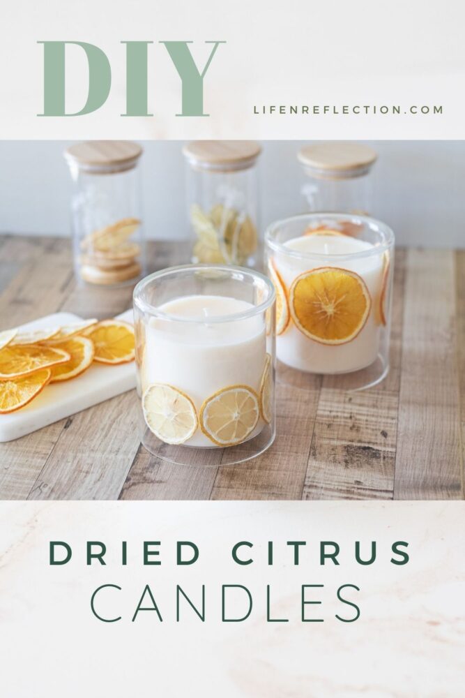 dried citrus slices and and handmade soy wax candles with real fruit slices