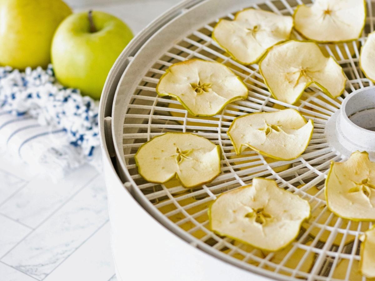 open dehydrator with dried apples slices inside next to granny smith apples on a kitchen counter