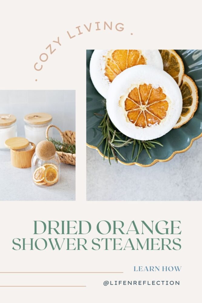 collage of supplies: jars of baking soda, salt, citric acid, dried orange slices, rosemary clippings, and closeup looking over a big round shower steamers