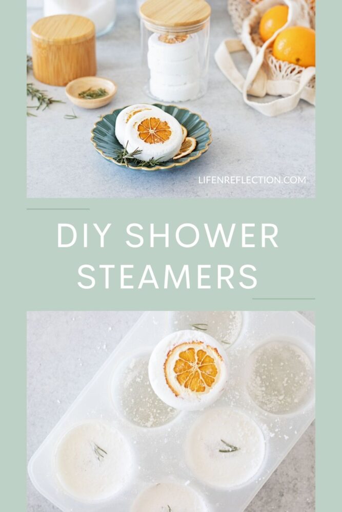 Collage of round diy shower steamers embedded with a dried orange slices on a counter next to fresh oranges and apothecary jars and steamers pressed into a silicone mold