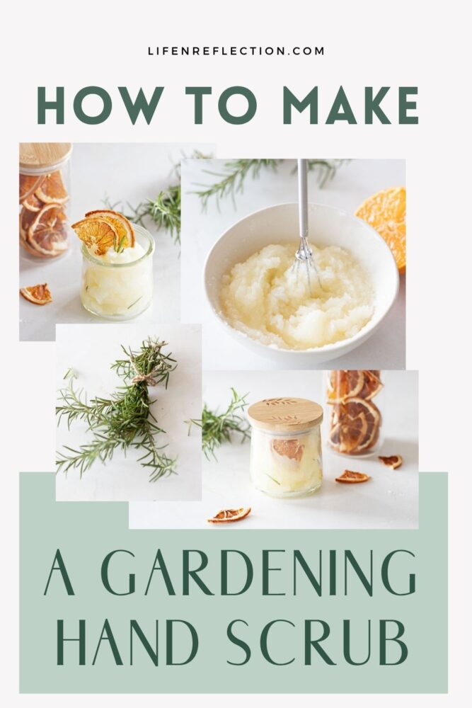 collage of steps making hand scrub, stirring, with text overlay: how to make a gardening hand scrub