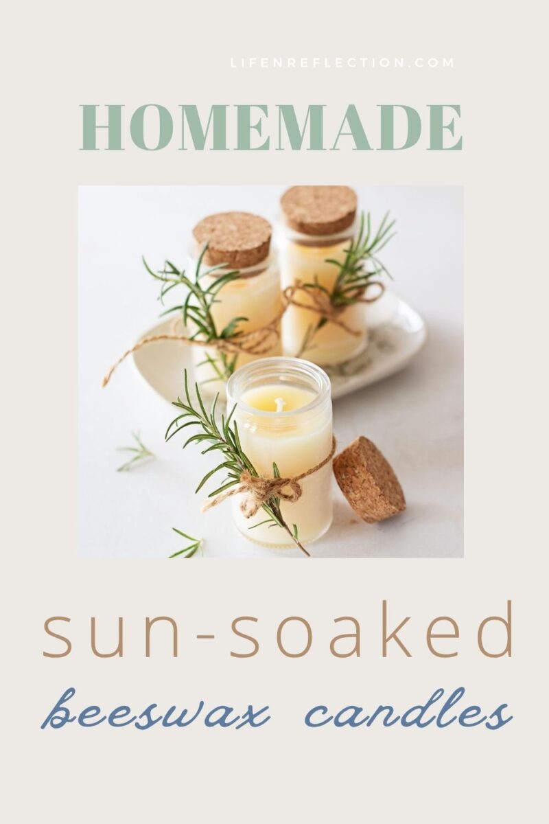 trio of beeswax candles in glass spice jars on sunlit counter. Closeup of one jar open and cotton wick inside. text overlay reads: homemade sun-soaked beeswax candles