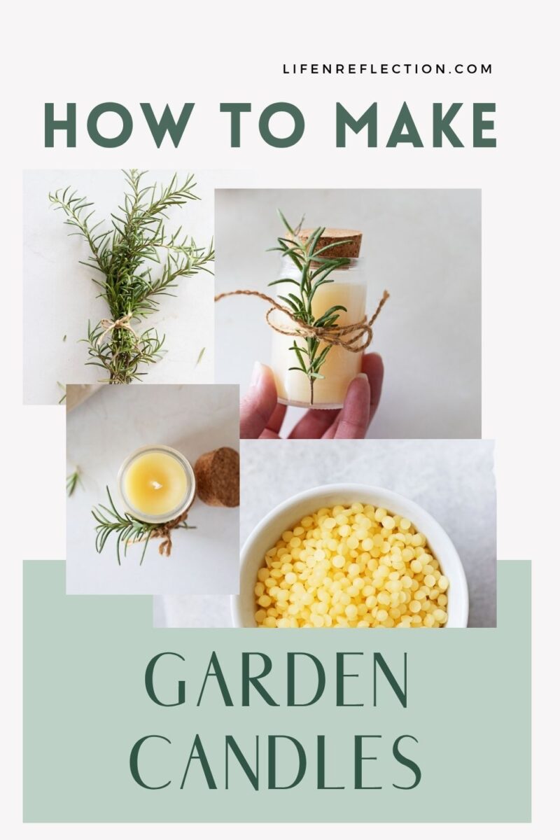 collage of fresh rosemary bundle, yellow beeswax pastilles in a large bowl, and spice jar candles with text overlay that reads: how to make garden candles