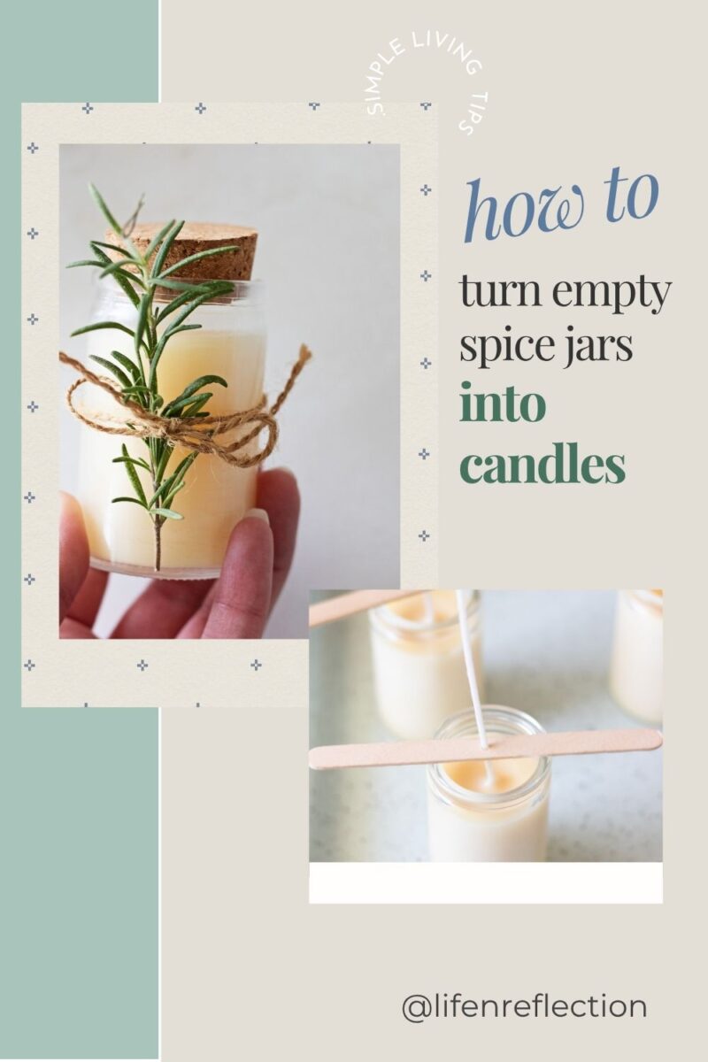 Hand holding a glass spice jar beeswax candle wrapped in twine and rosemary and centering stick on curing candles. text overlay reads: how to turn empty spice jars into candles
