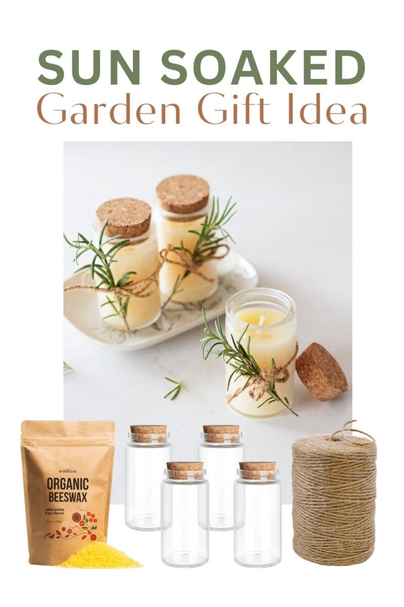 beeswax spice jars supplies, beeswax, glass spice jars, and roll of twine with text that reads sun soaked garden gift idea