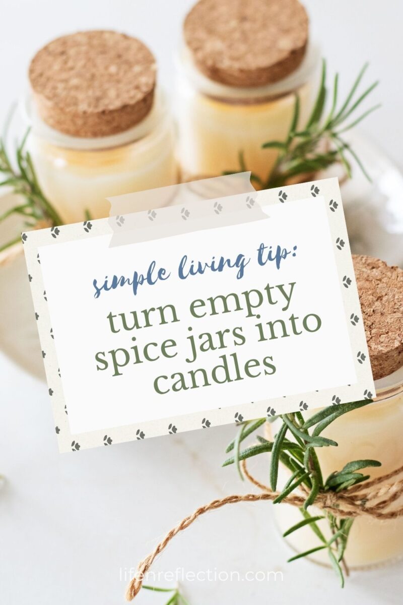 garden beeswax candles with a note that reads: simple living tip: turn empty spice jars into candles