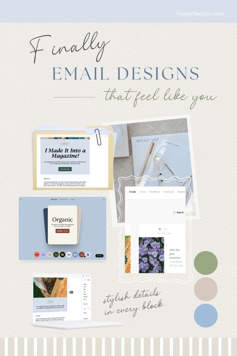 collage of email templates and notes and a color palette