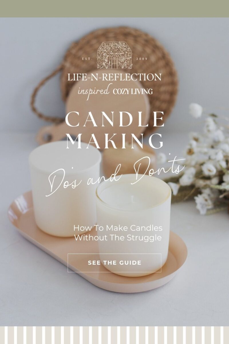 handmade candles on a tray next to florals with text overlay that reads: candle making do's and don'ts