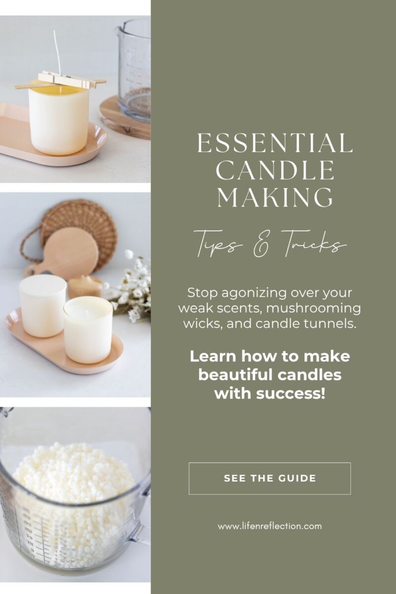 collage of candle making steps, measuring wax, candles curing, and results of finished candles